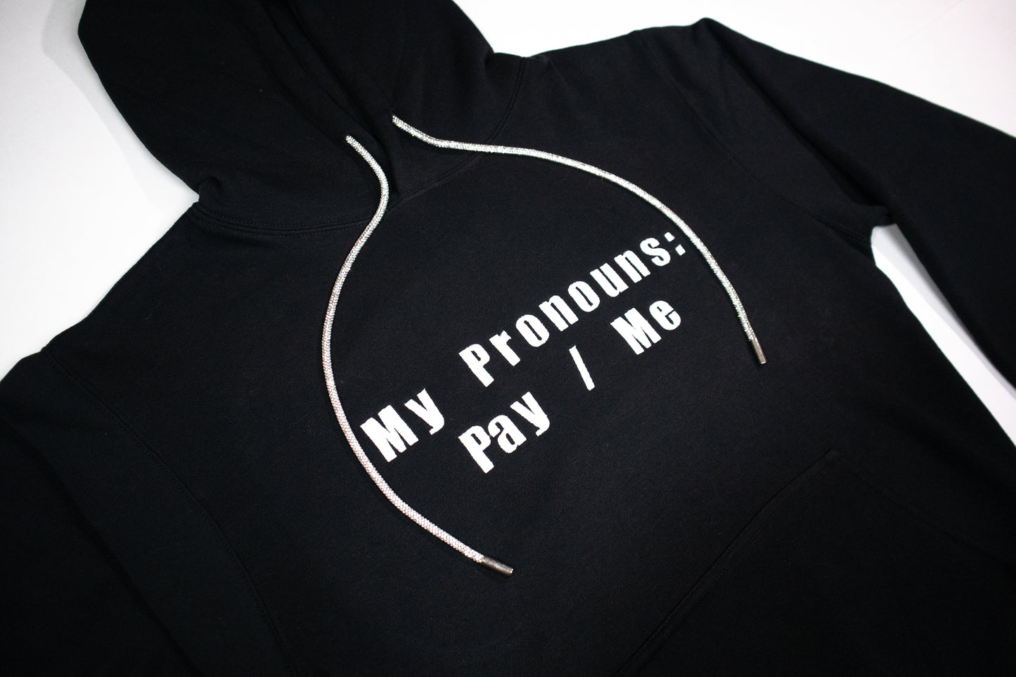 My Pronouns: Pay/Me Unisex Hoodie with rhinestone string